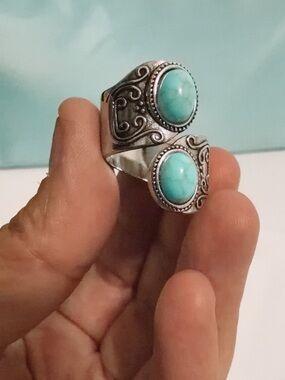 Turquoise Double Stone Silver-Tone Ring